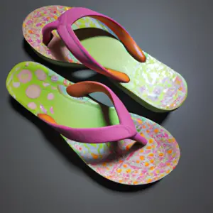 A pair of brightly colored sandals placed on a light-colored surface against a dark background.