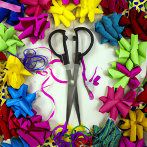 Suggestion: A colorful array of wedding decorations with a pair of scissors in the center.