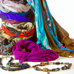 A colorful array of necklaces and scarves draped over a white background.