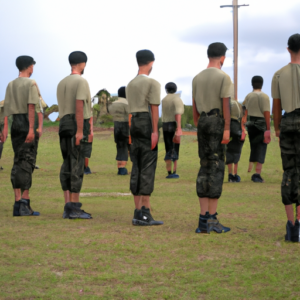 Suggested Prompt: A military training program being conducted outdoors with a group of soldiers in uniform.