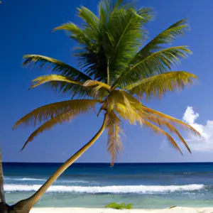 A tropical beach with a palm tree, blue sky, and a clear ocean.