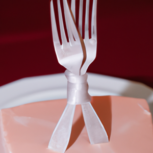 A wedding cake with two forks crossed