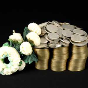 A stack of coins with a funeral wreath draped over top.