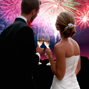 A bride and groom toasting with champagne glasses under a colorful sky filled with fireworks.
