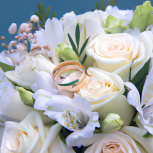 A wedding bouquet with a pair of white wedding rings intertwined.