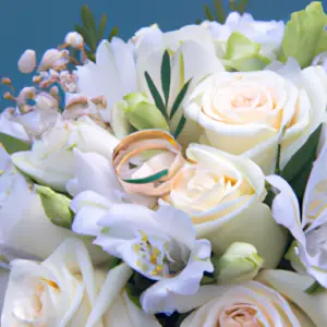 A wedding bouquet with a pair of white wedding rings intertwined.