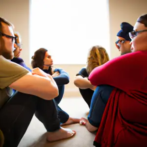 A group of friends sitting in a circle, facing each other, with arms crossed in a thoughtful pose.