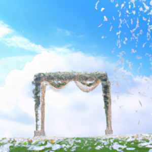 A romantic setting with a wedding arch and white rose petals falling from the sky.