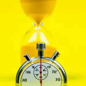 A stopwatch with an hourglass in the background, set against a vibrant yellow background.