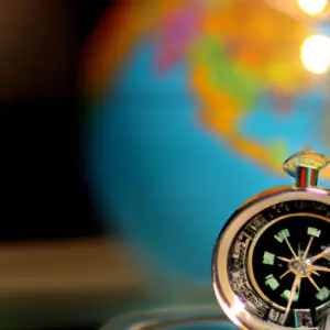 A compass with a globe in the background.
