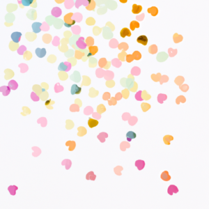 Pastel-colored confetti in the shape of hearts raining down on a white background.