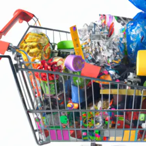 A shopping cart overflowing with vibrant-colored packages and items.