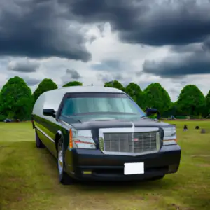 A funeral hearse parked in a cemetery under a cloudy sky.