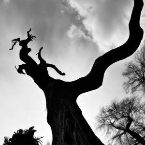 A black and white silhouette of a large tree with a hand reaching up towards the sky.